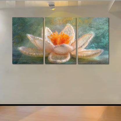 3pcs Orange & White Lotus with Green Background Wall Art Set Canvas Framed 50x70cm - High Quality Print 100% Australian Made Wall Canvas Ready to Hang