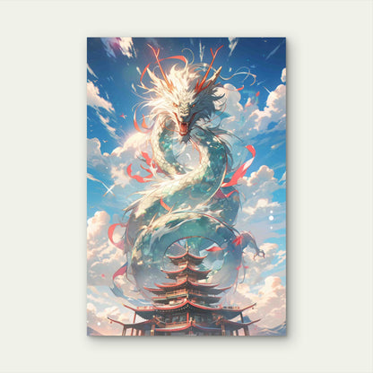 Dragon Flying Above Clouds and Pagodas 60x90cm Metal Print Ready to Hang