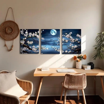 3pcs Dreamlike Cherry Blossom Moon Ocean Metal Print Ready to Hang Art - Bella Home Decor