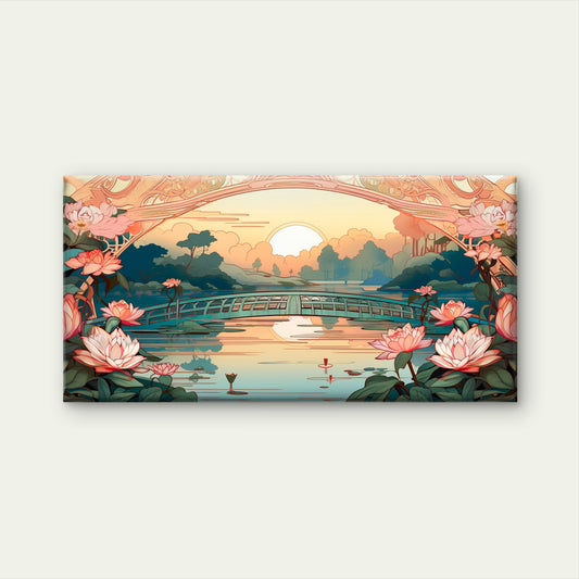 Japanese Lotus Bridge Sunset Wall Art Canvas Office Home Room Framed 120x60cm