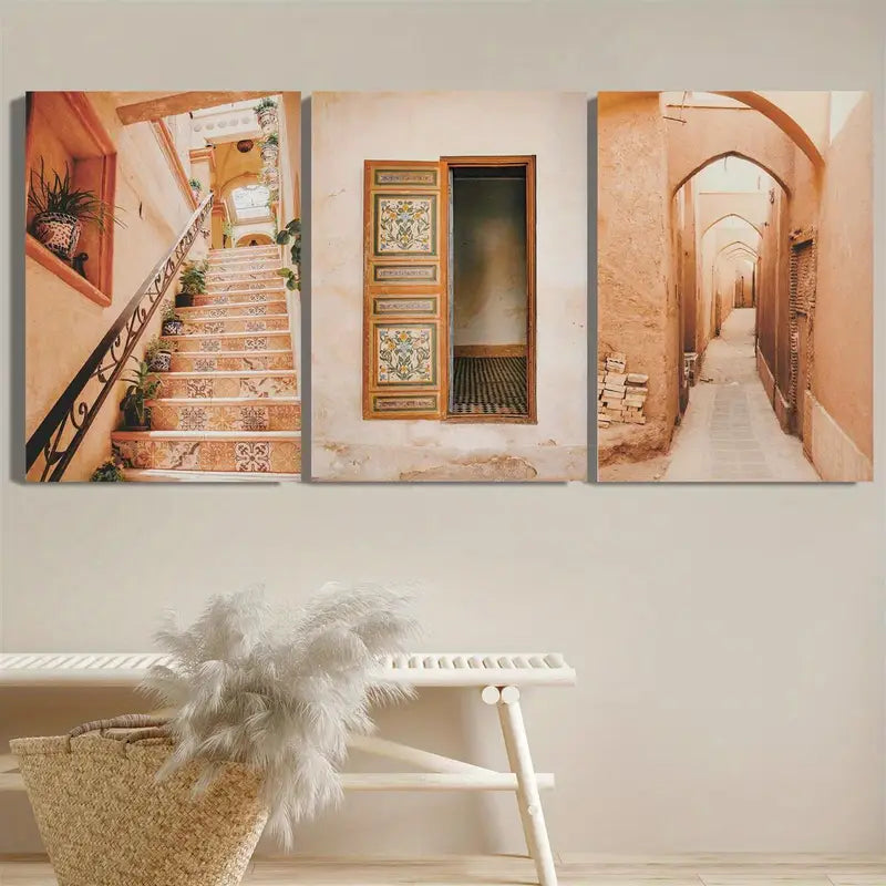 3pcs Moroccan-Inspired Canvas Metal Print Ready to Hang Art