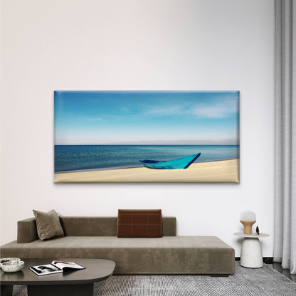 Blue Boat On The Beach Wall Art Canvas Office Home Room Framed 120x60cm