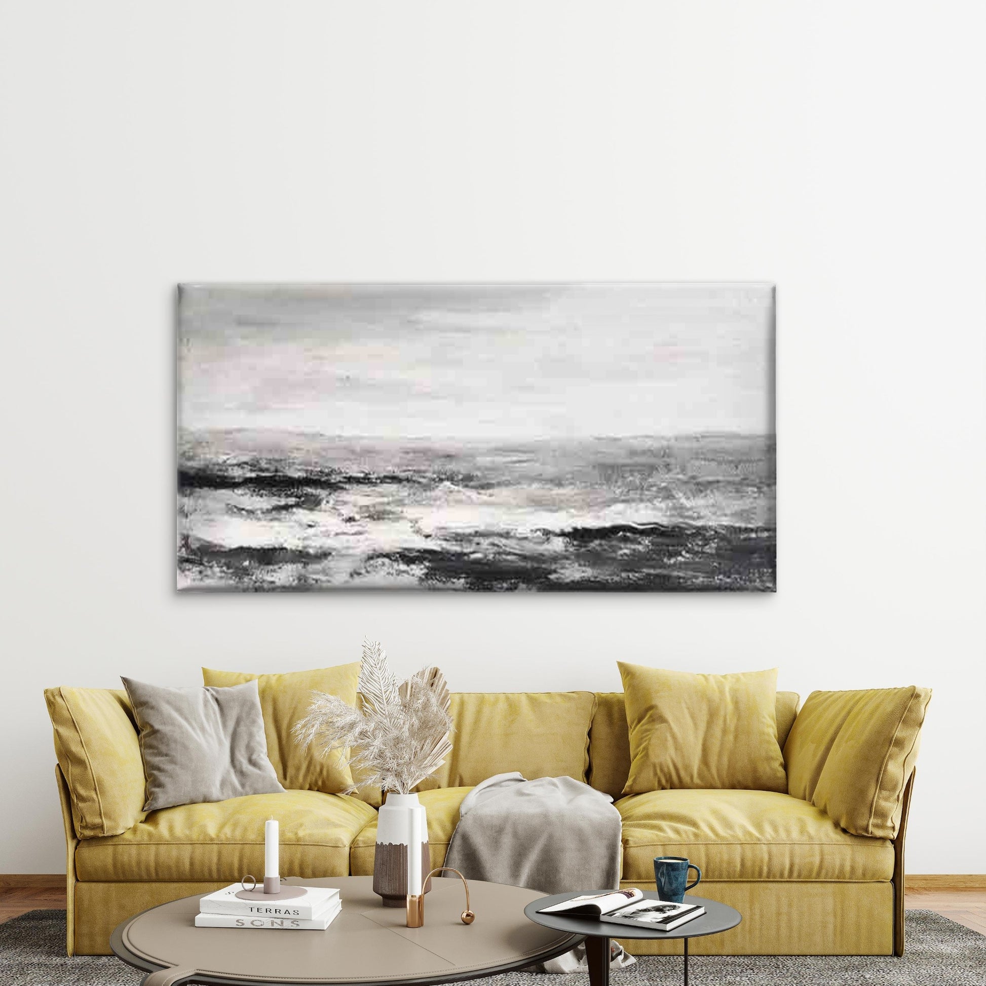 Black and White Coastal Wave Wall Art Canvas Office Home Room Framed 120x60cm - Bella Home Decor