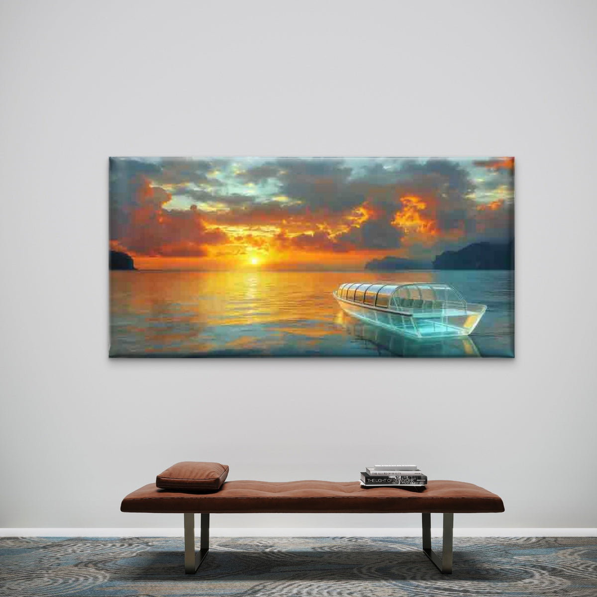 Glass Boat on a Sunset Sea Wall Art Canvas Office Home Room Framed 120x60cm