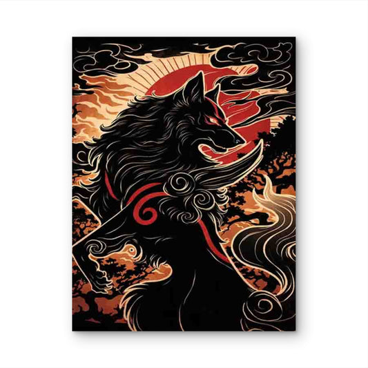 Mythical Vibrant Red & Wolf Design 60x90cm Metal Print Ready to Hang