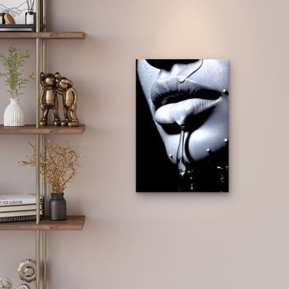 Black & White Lips with Water Droplets Metal Print Ready to Hang - Bella Home Decor
