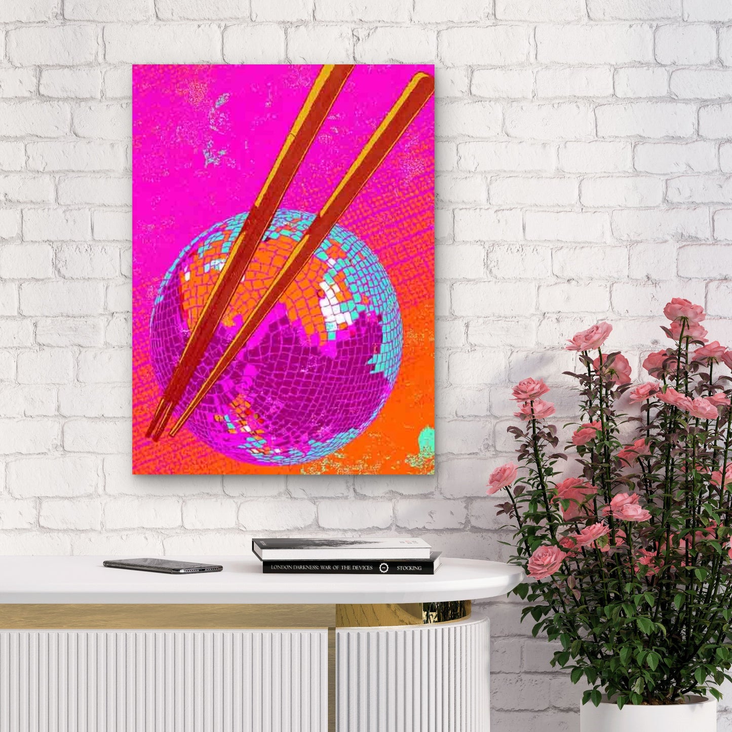 Retro Disco Ball & Chopsticks Metal Print Ready to Hang - Bella Home Decor