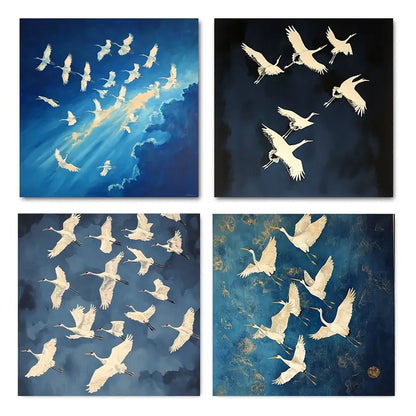 4pcs Blue & Golden Japanese Cranes Wall Art Canvas Framed