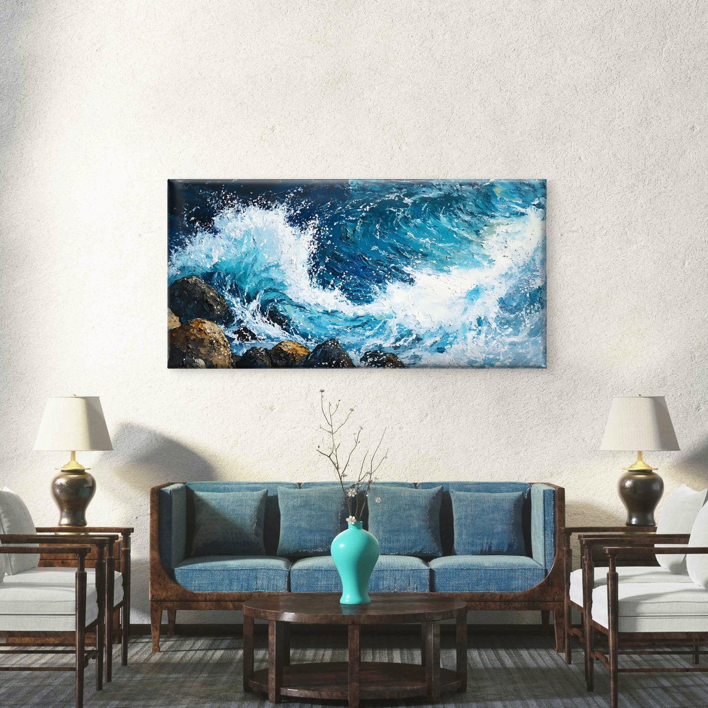 Ocean Wave Crashing Rock Seascape Wall Art Canvas Office Home Framed 120x60cm