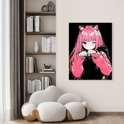 Featuring a Pink Cat Girl 60x90cm Metal Print Ready to Hang - Bella Home Decor