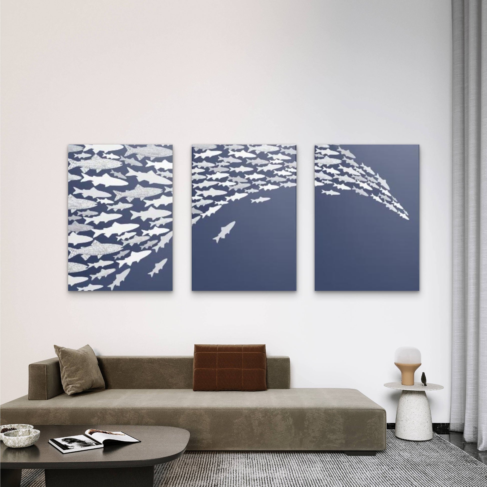 3pcs Coastal Blue Shoal Of Fish Abstract Wall Art Set Canvas Framed 40x60cm - High Quality Print 100% Australian Made Wall Canvas Ready to Hang - Bella Home Decor