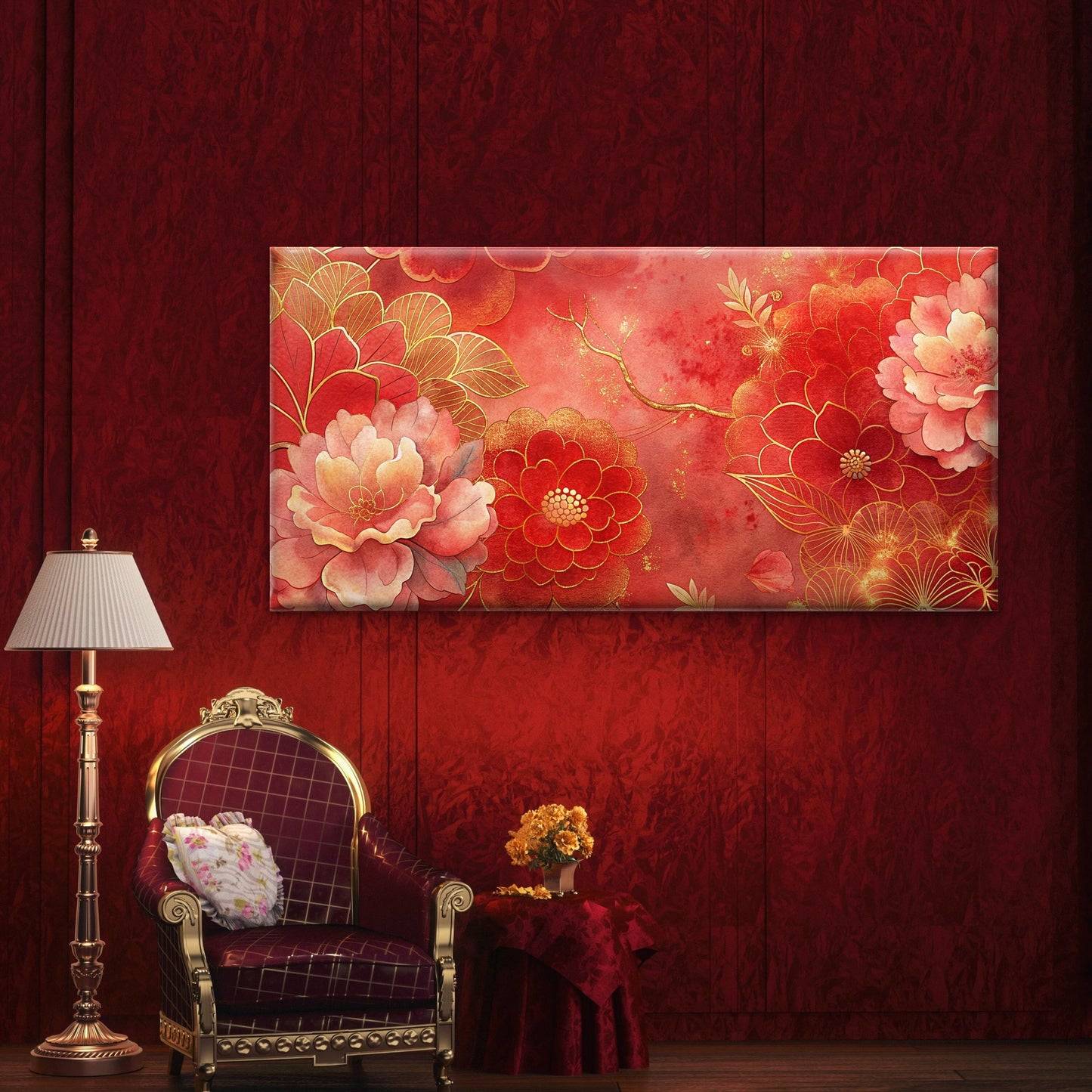 Red Golden Floral Design Wall Art Canvas Office Home Room Framed 120x60cm
