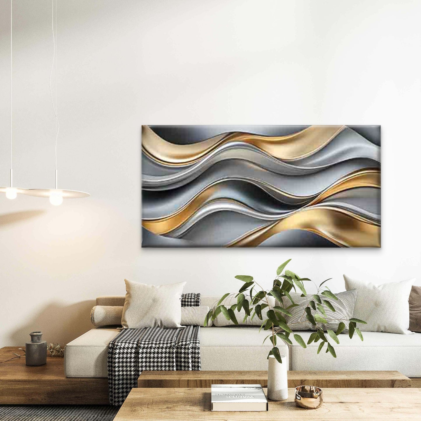 Flowing Wave Pattern Golden Wall Art Canvas Office Home Room Framed 120x60cm - Bella Home Decor