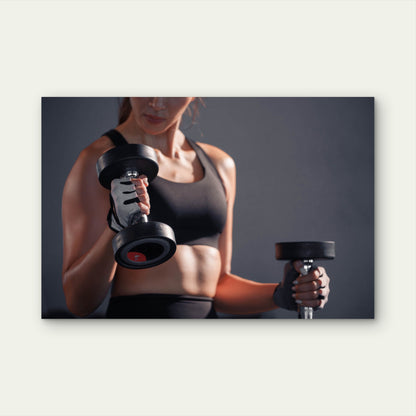Female Athlete Lifting Dumbbells Gym Fitness 5mm thick Plastic Poster Ready to Hang 90x60cm