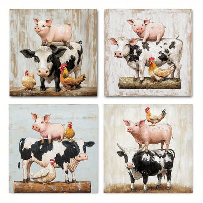4pcs Cow Pig Sheep & Rooster Decor Wall Art Canvas Framed
