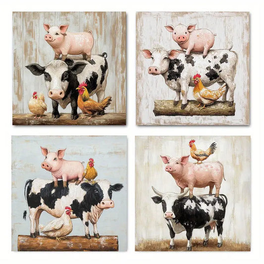 4pcs Cow Pig Sheep & Rooster Decor Wall Art Canvas Framed