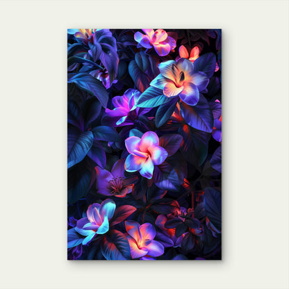 Neon-Lit Depiction of Plumeria Rubra Flowers 40x60cm Metal Print Ready to Hang