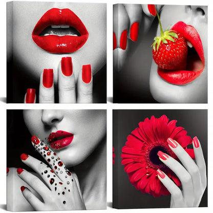 4pcs Red Lip And Nail Canvas Stylish Feminine Wall Art Canvas Framed
