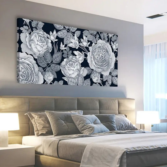 Intricate Roses and Leaves Botanical Wall Art canvas office home room framed 120x60cm