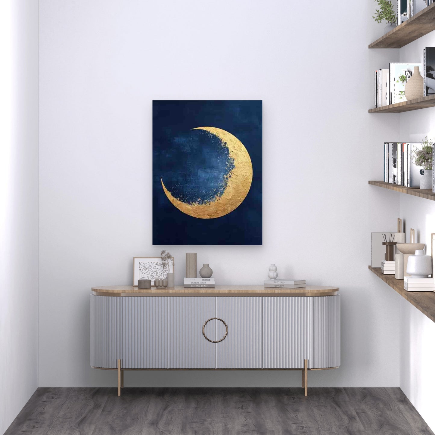 Navy Blue & Golden Crescent Moon Metal Print Ready to Hang