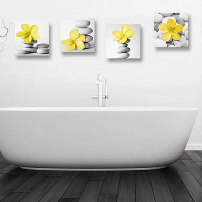 4pcs Yellow Gray  Flowers And Pebble Stone Wall Art Canvas Framed