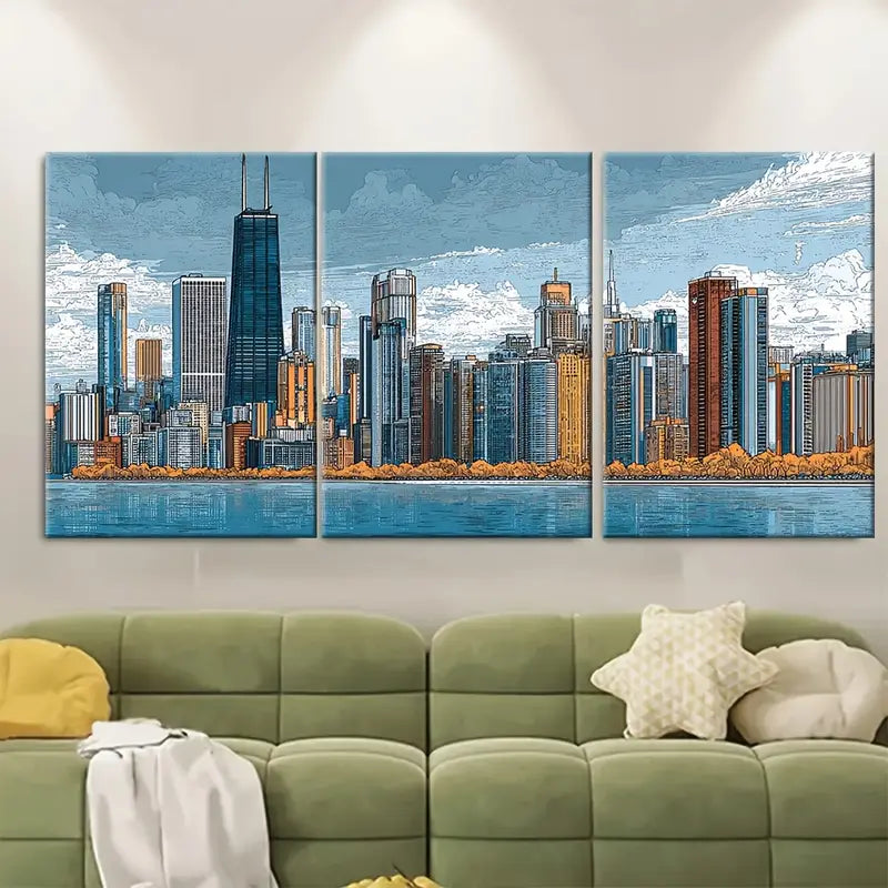 3pcs Sears Tower (Willis Tower), Blue, Golden,Gray Metal Print Ready to Hang Art