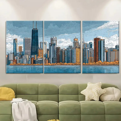 3pcs Sears Tower (Willis Tower), Blue, Golden,Gray Metal Print Ready to Hang Art