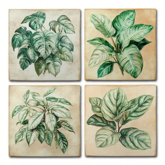 4pcs Green Leaves Decor Wall Art Canvas Framed