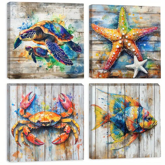 4pcs  Starfish , Colorful Room Aesthetic   Wall Art Canvas Framed