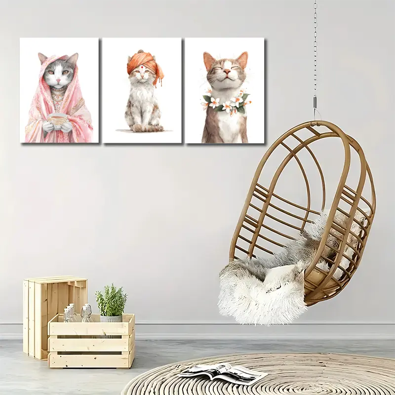 3pcs Indian Cat Wall Art Set Metal Print Ready to Hang Art