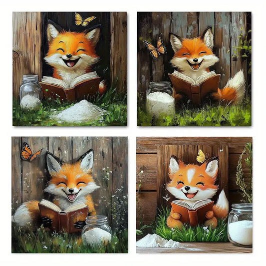 4pcs Charming Fox Abstract Canvas  Wall Art Canvas Framed