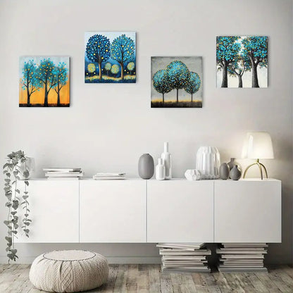 4pcs Blue And Yellow Trees Decoratio Wall Art Canvas Framed