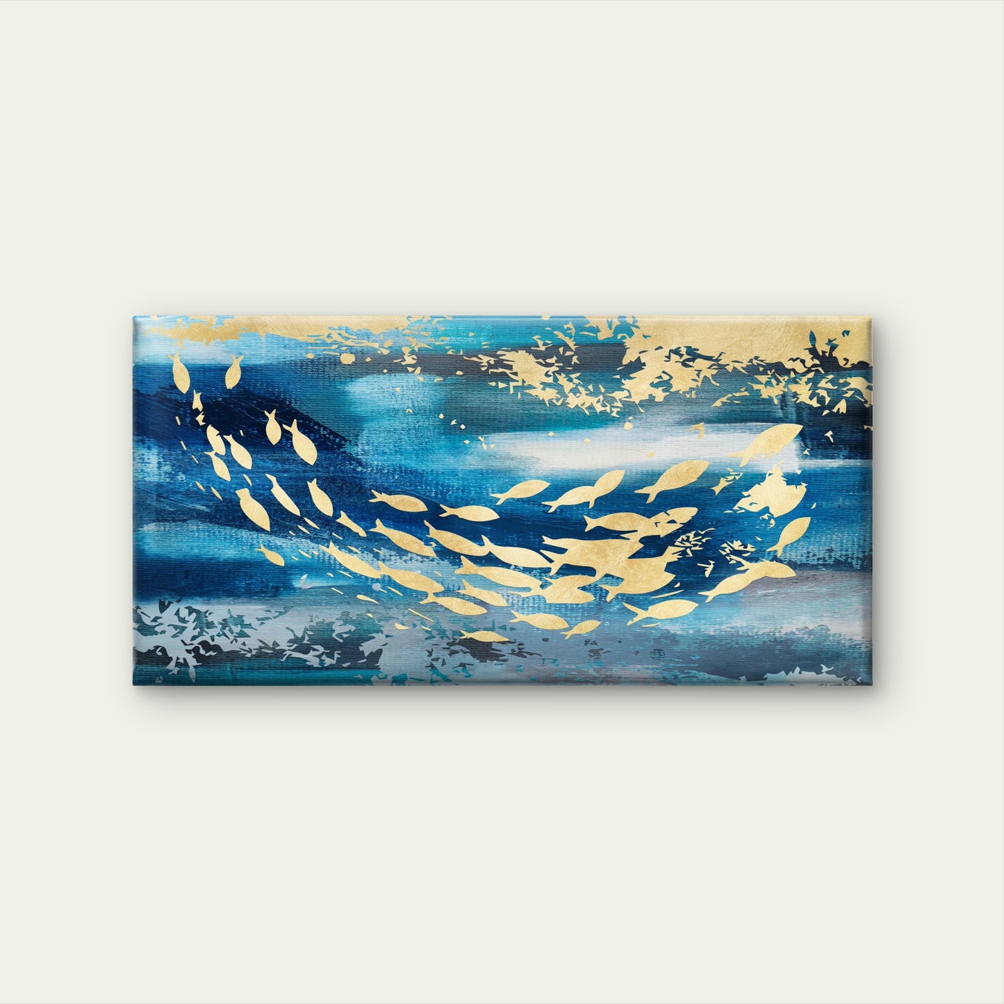 Gold School Of Fish Ocean Blue Wall Art Canvas Office Home Framed 120x60cm