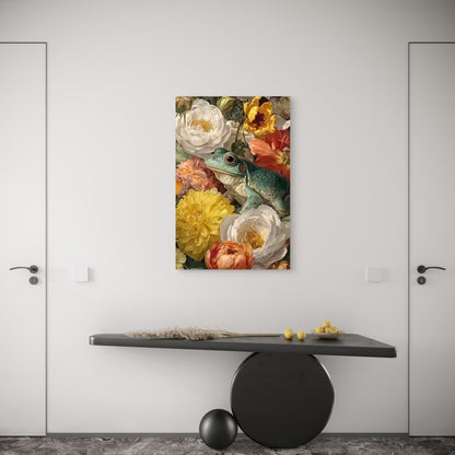 Vibrant Frog Among Flowers 60x90cm Metal Print Ready to Hang