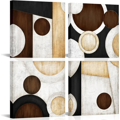4pcs Taupe and Yellow Geometric Circle  Wall Art Canvas Framed - Bella Home Decor
