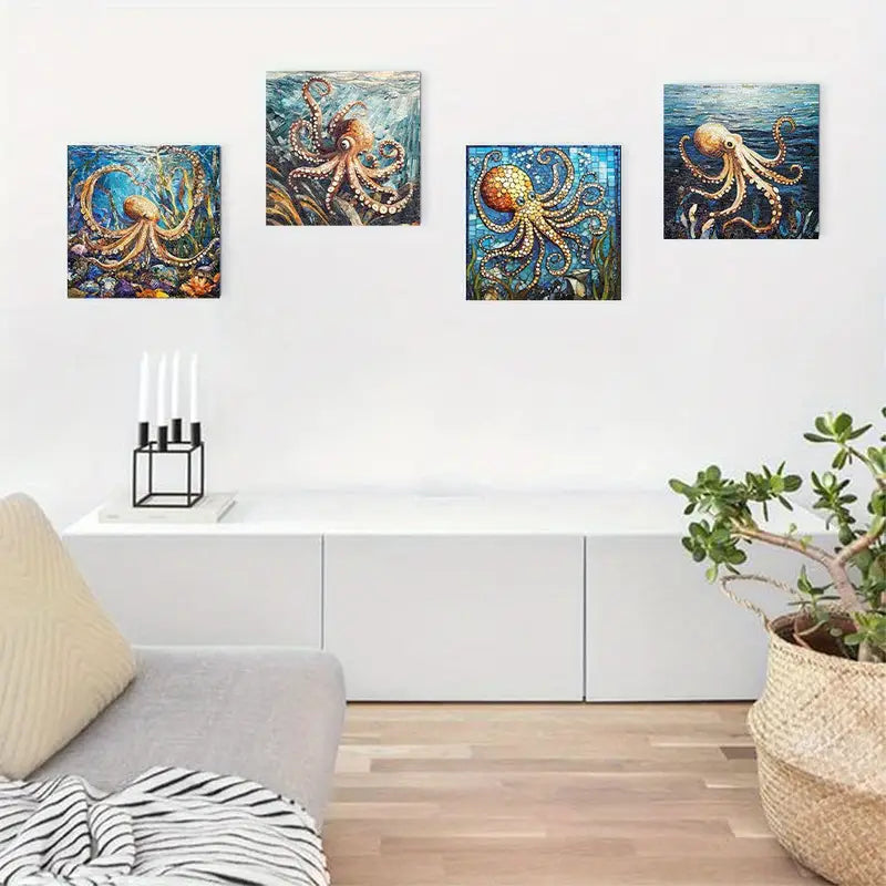 4pcs  Octopus Mosaic Art Deco Art Canvas Framed