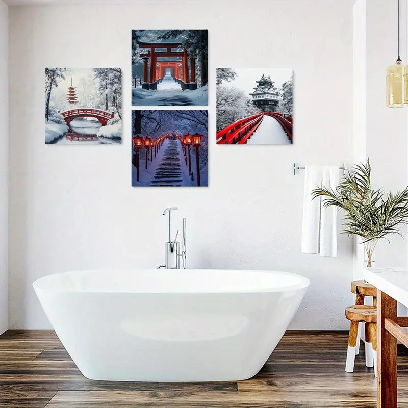 4pcs Red Bridge & Pagoda Winter Wall Art Canvas Framed
