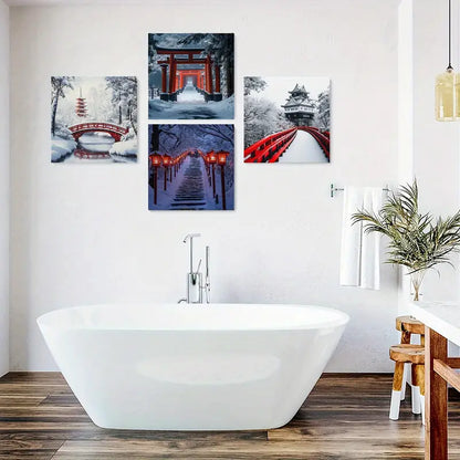 4pcs Red Bridge & Pagoda Winter Wall Art Canvas Framed