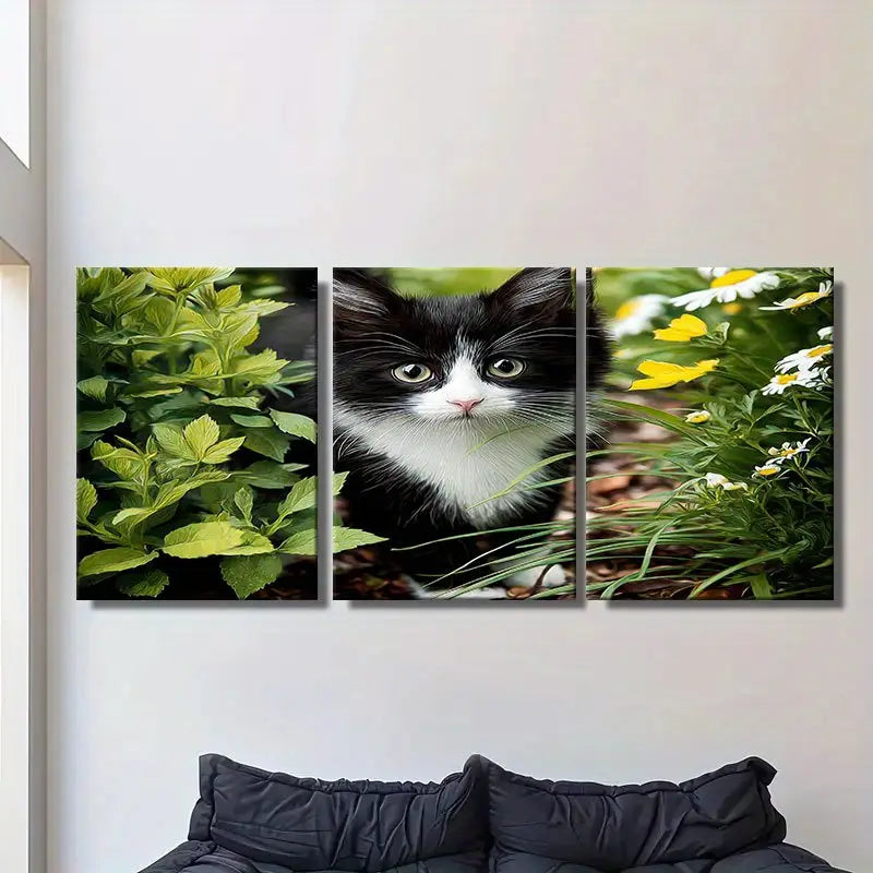 3pcs Black & White Tuxedo Kitten In Garden Metal Print Ready to Hang Art - Bella Home Decor