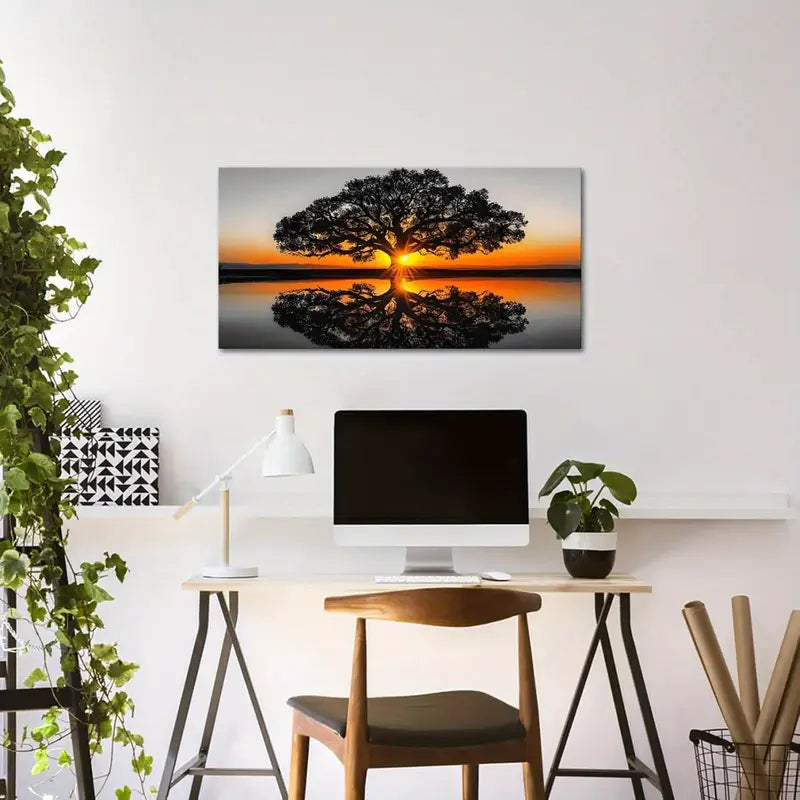 Black and White Oak Tree Sunset Wall Art canvas office home room framed 120x60cm - Bella Home Decor