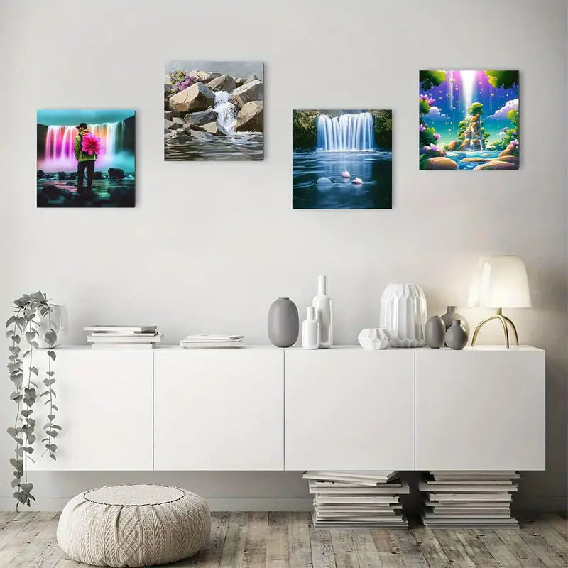 4pcs Bamboo Leaves, Waterfall & Nature Scenes Wall Art Canvas Framed