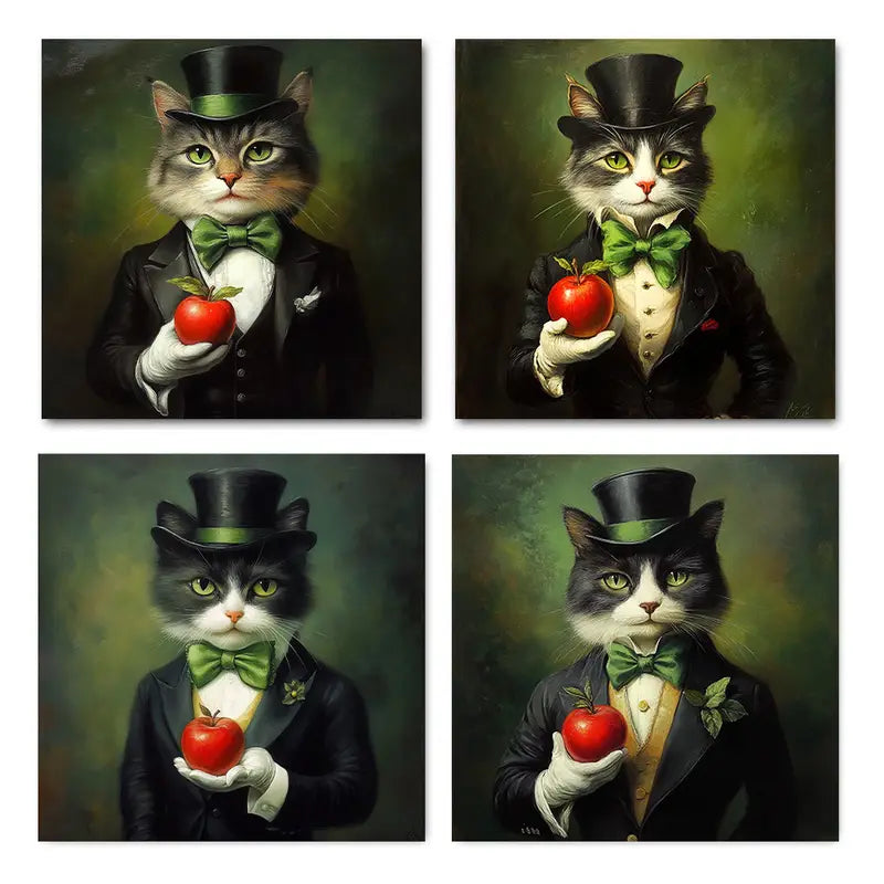 4pcs Inspired Formal Attire Cats with Apples Wall Art Canvas Framed