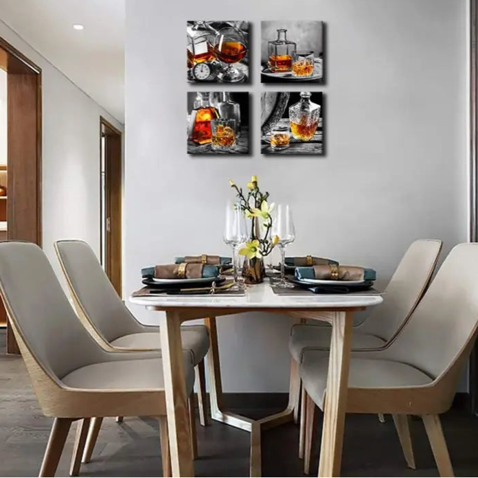 4pcs Flat Wine Wall Art Kitchen Decor Wall Art Canvas Framed