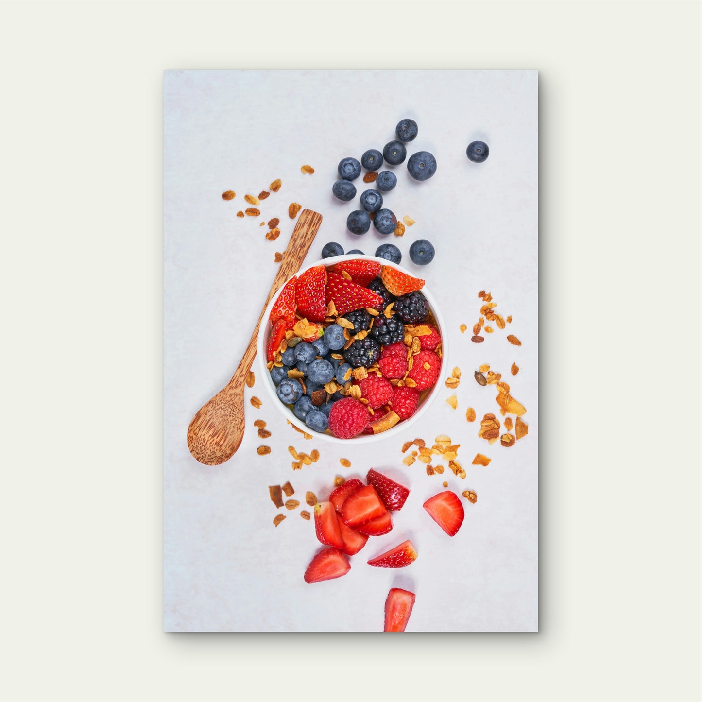 Strawberries And Blue Berries On White Ceramic Bowl 40x60cm Metal Print Ready to Hang