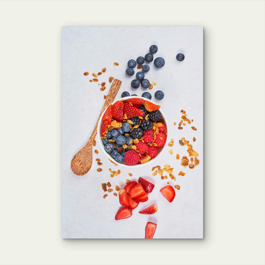 Strawberries And Blue Berries On White Ceramic Bowl 60x90cm Metal Print Ready to Hang