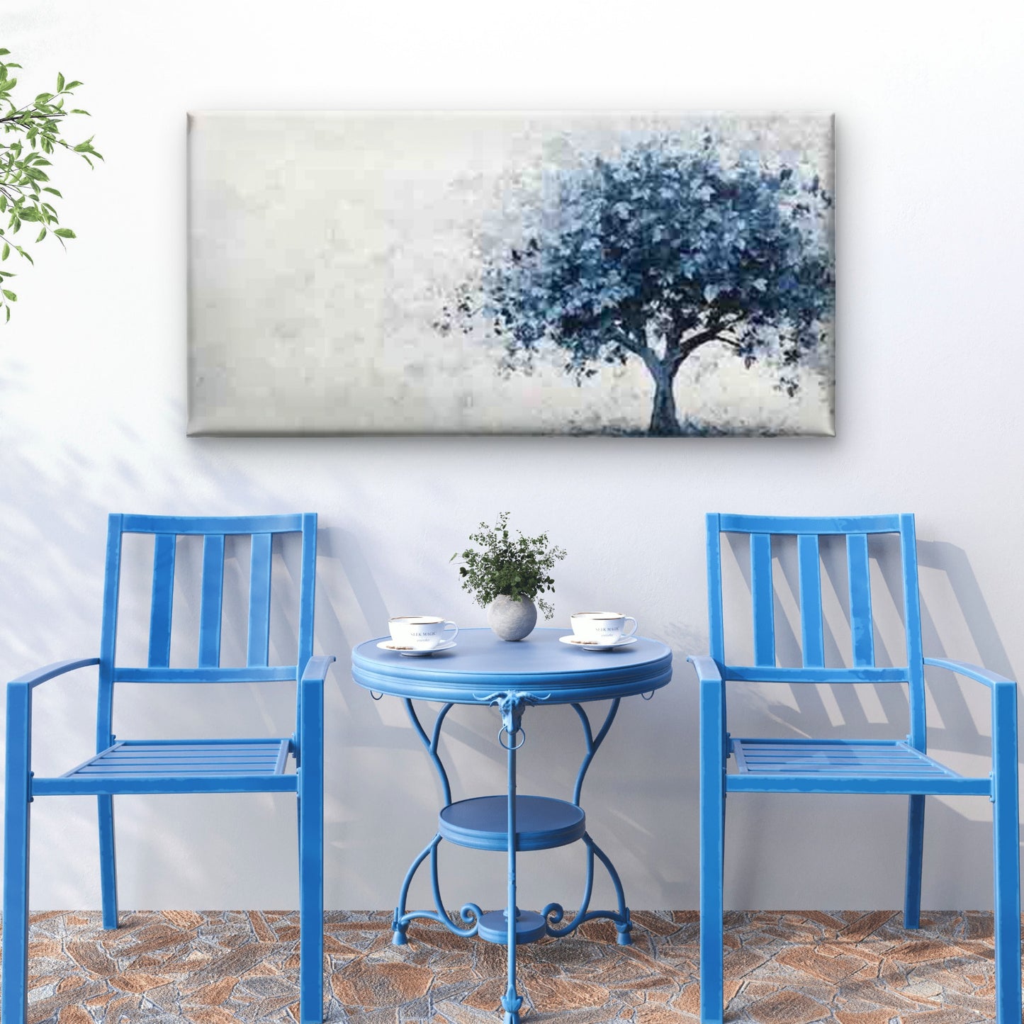 Abstract Blue and White Tree Wall Art Canvas Office Home Room Framed 120x60cm