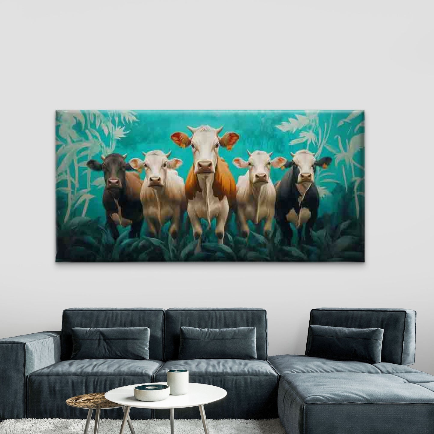 Featuring Cows in a Jungle Wall Art Canvas Office Home Room Framed 120x60cm