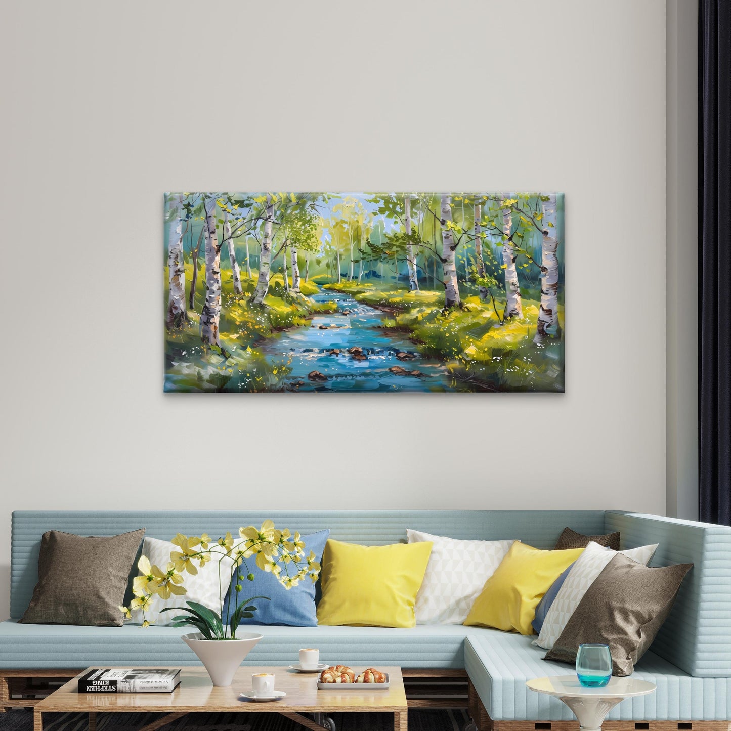 Serene Birch Forest River Flowing Through Sunlit Trees Landscape Wall Art Canvas Office Home Room Framed 120x60cm