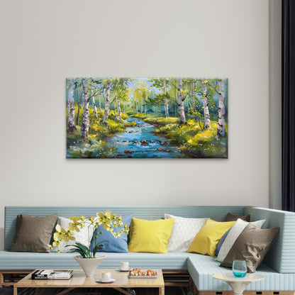 Serene Birch Forest River Flowing Through Sunlit Trees Landscape Wall Art Canvas Office Home Room Framed 120x60cm