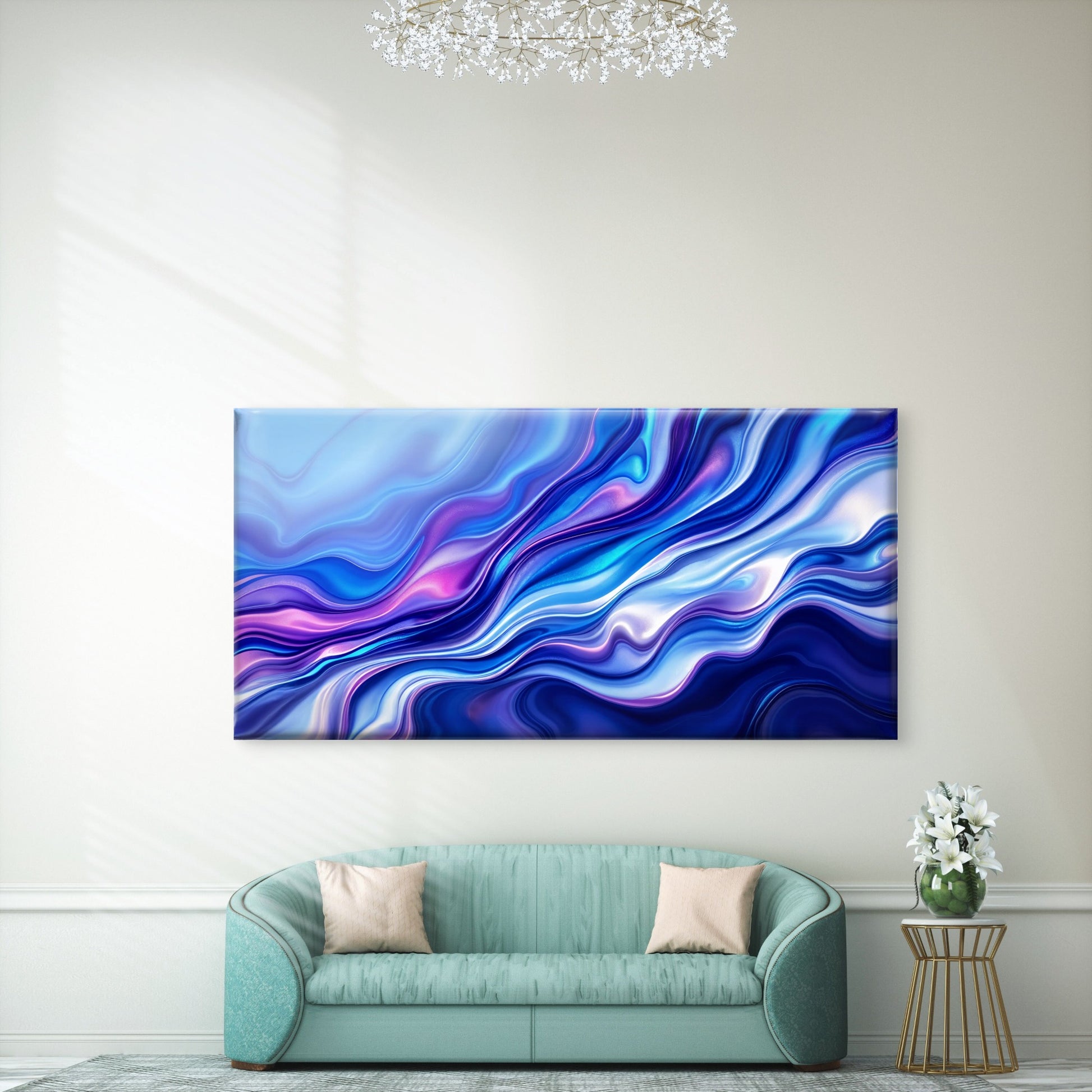 Blue Purple Fluid Waves Wall Art Canvas Office Home Room Framed 120x60cm - Bella Home Decor